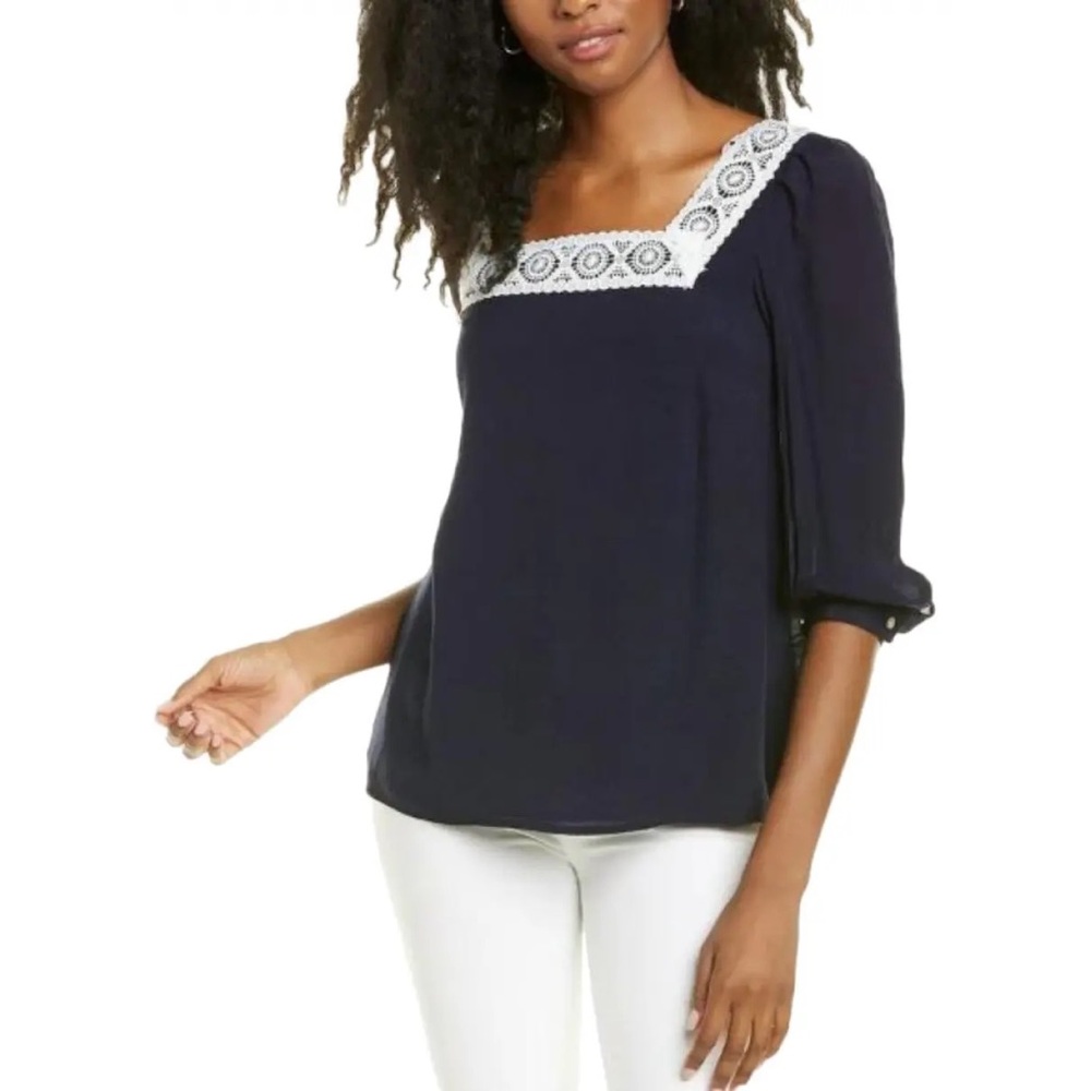 Nanette Lepore Navy Top with White Lace Trim